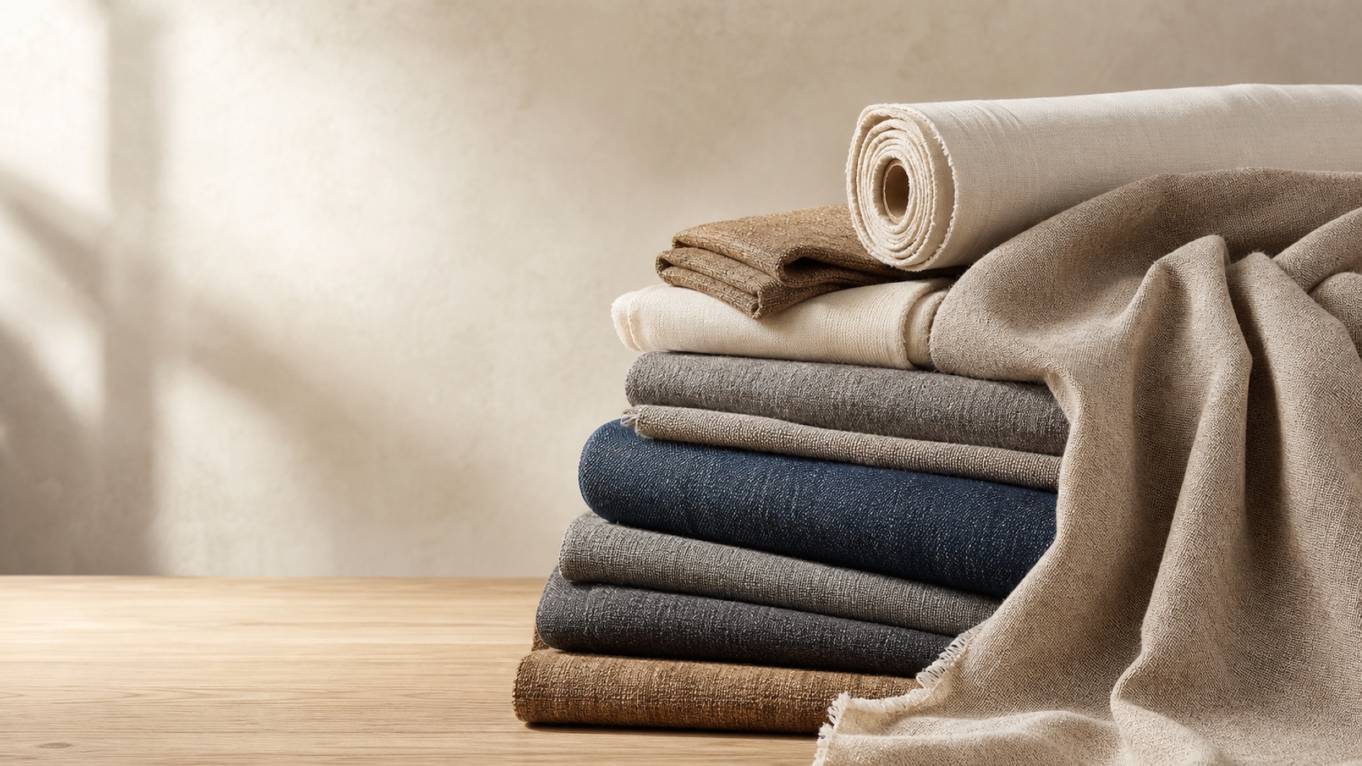 Rolls of fabric in warm neutral tones